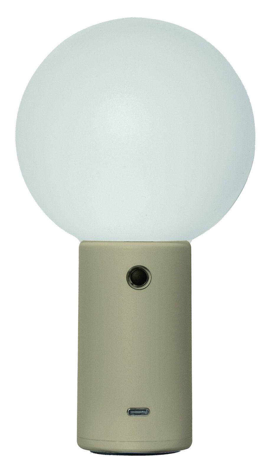 Moderne Akku-Tischleuchte mit kugelförmigem Leuchtkörper und zylindrischem Sockel, Frontalansicht