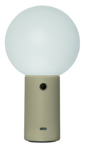 Moderne Akku-Tischleuchte mit kugelförmigem Leuchtkörper und zylindrischem Sockel, Frontalansicht