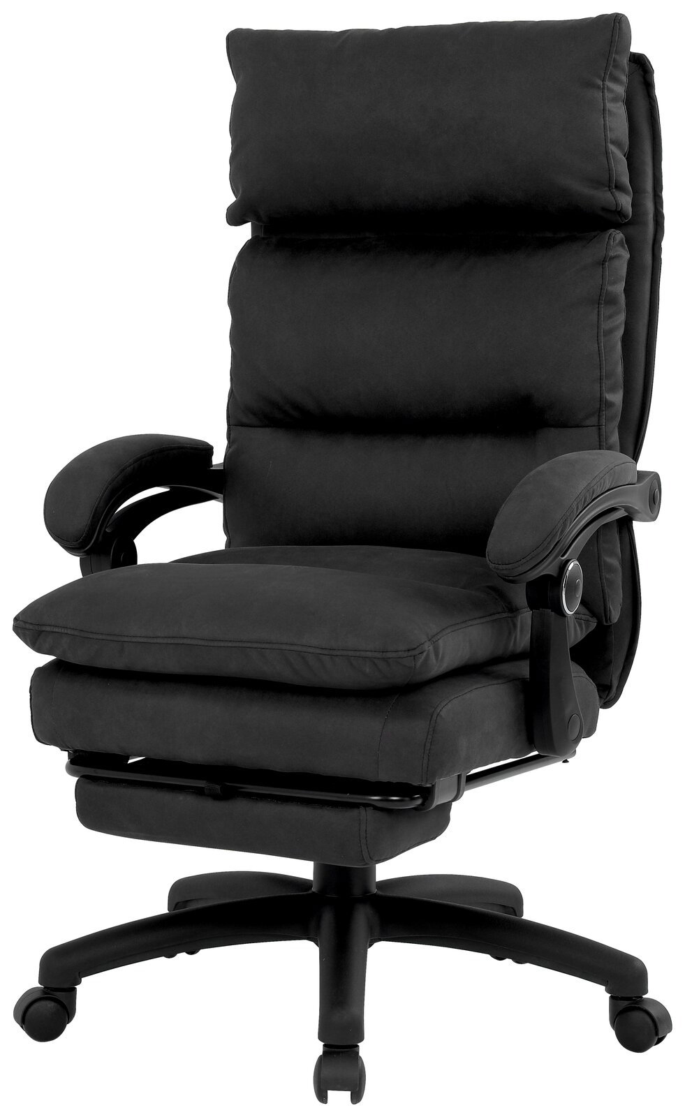 Schwarzer Chefsessel mit gepolsterten Armlehnen und hoher Rückenlehne, seitliche Perspektive