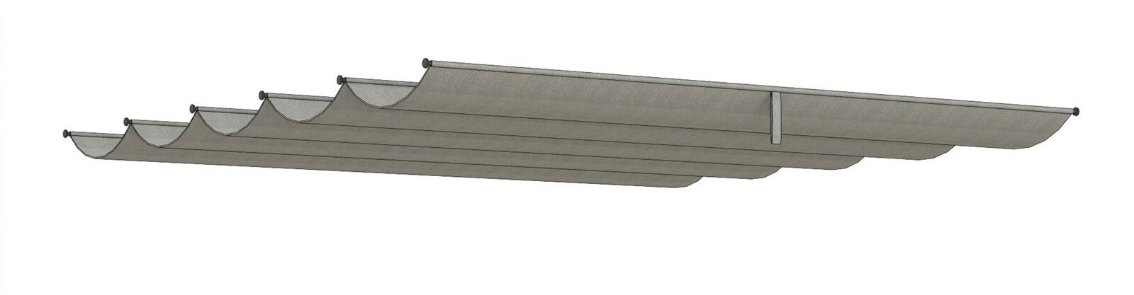 Seitliche Ansicht eines Pergola-Faltdachs mit wellenförmigem Design in neutraler Farbe.