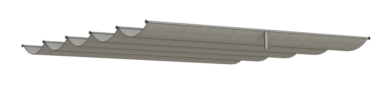 Seitliche Ansicht eines Pergola-Faltdachs mit wellenförmigem Design in neutraler Farbe.