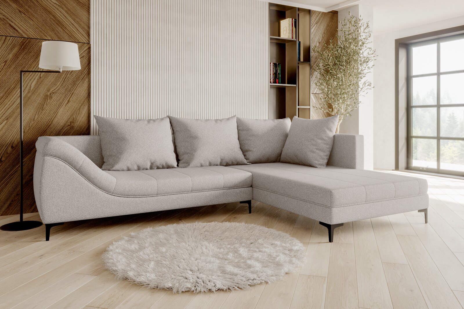 Z2 Ecksofa LINO Graues Ecksofa mit Ottomane rechts in modernem Wohnzimmer, seitliche Perspektive
