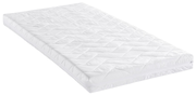 Weiße Matratze Duo 70 x 140 cm, schräg von der Seite fotografiert, mit gestepptem Muster und Reißverschluss.
