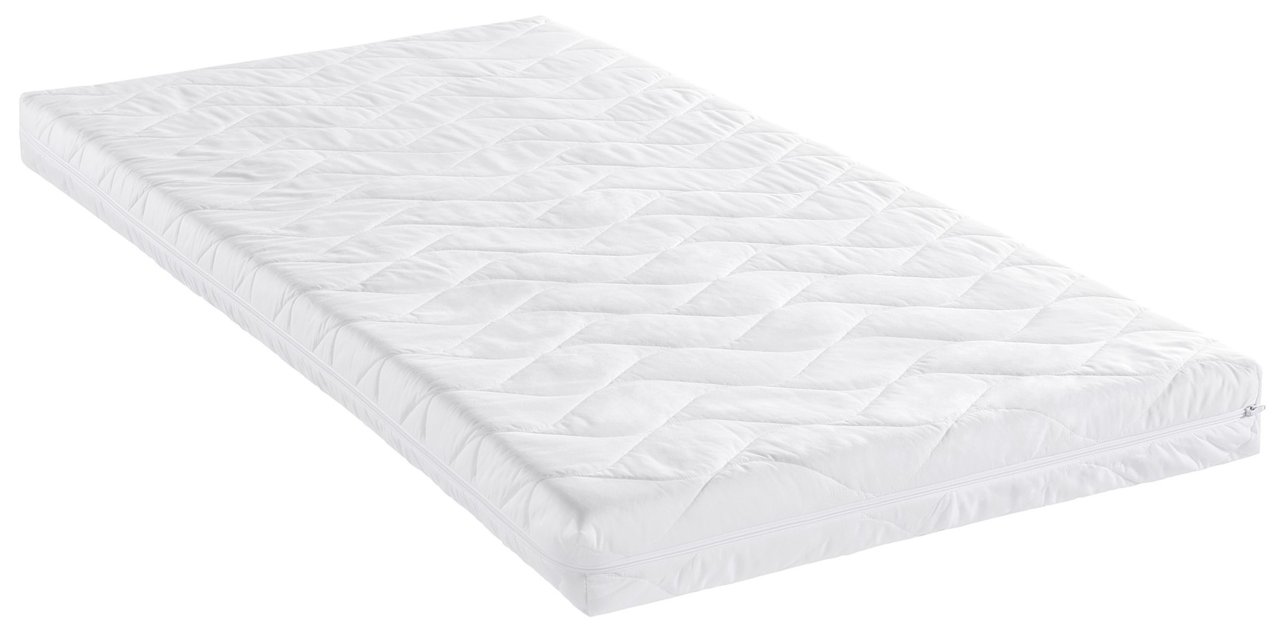 Weiße Matratze Duo 70 x 140 cm, schräg von der Seite fotografiert, mit gestepptem Muster und Reißverschluss.