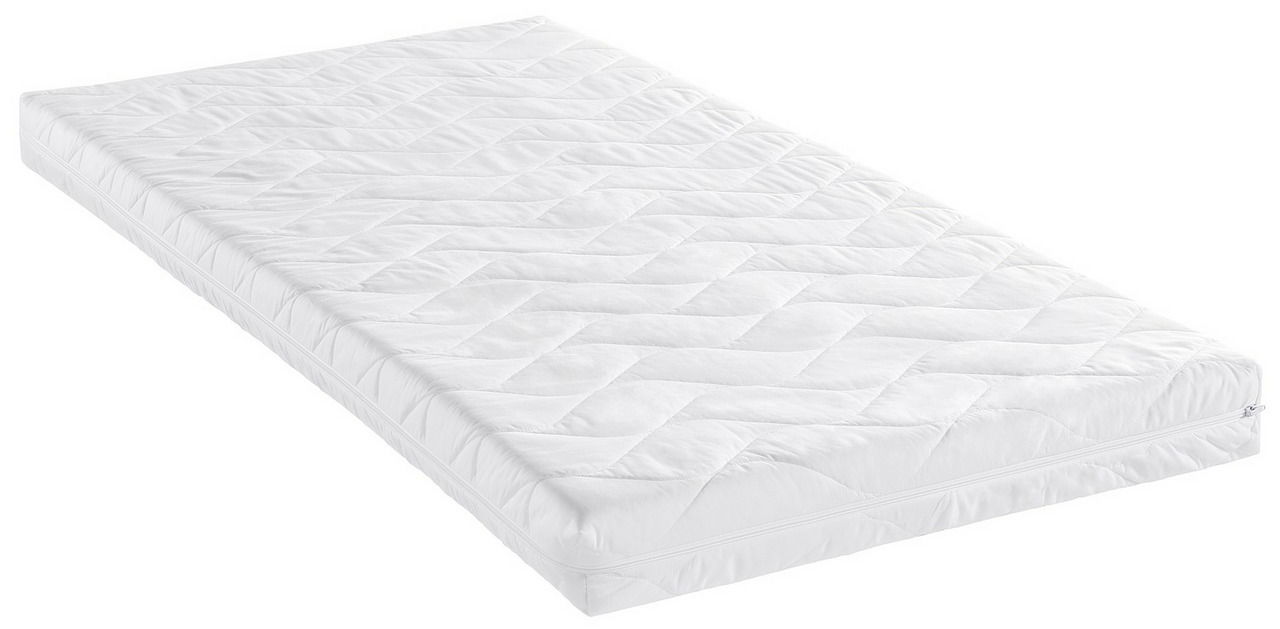Weiße Matratze Duo 70 x 140 cm, schräg von der Seite fotografiert, mit gestepptem Muster und Reißverschluss.