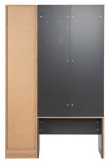 Rückansicht eines Garderoben-Sets mit schwarzer und holzfarbener Oberfläche.