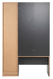 Rückansicht eines Garderoben-Sets mit schwarzer und holzfarbener Oberfläche.