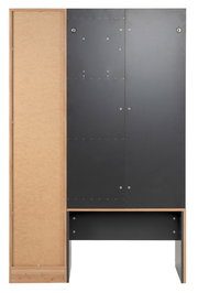 Rückansicht eines Garderoben-Sets mit schwarzer und holzfarbener Oberfläche.