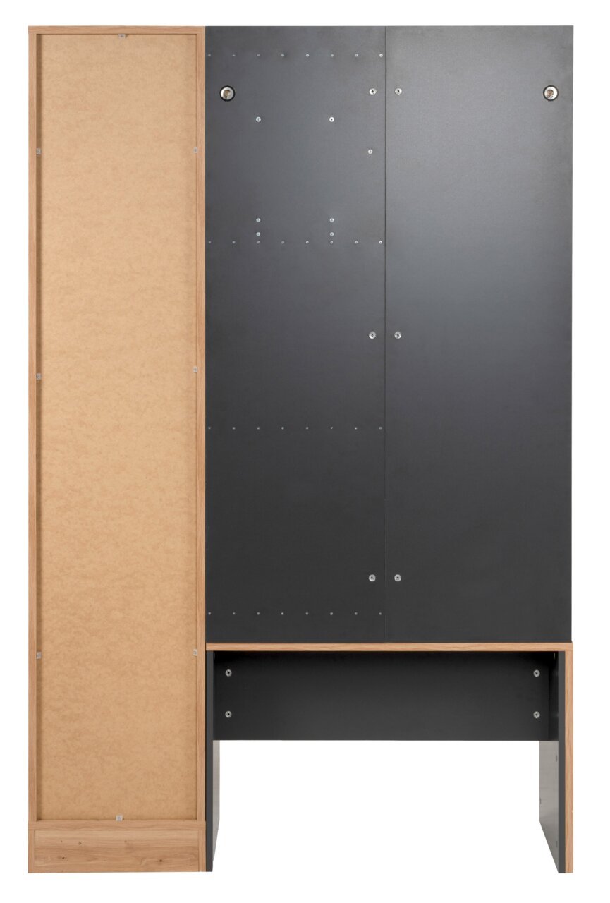 Rückansicht eines Garderoben-Sets mit schwarzer und holzfarbener Oberfläche.