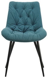Moderner Stuhl mit gepolsterter, türkisfarbener Sitzfläche und schwarzen Metallbeinen, Frontalansicht.