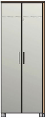 Moderner Dielenschrank mit zwei Türen, frontal abgebildet, in schlichter Holzoptik mit schwarzen Griffen.