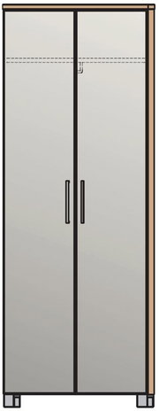 Moderner Dielenschrank mit zwei Türen, frontal abgebildet, in schlichter Holzoptik mit schwarzen Griffen.