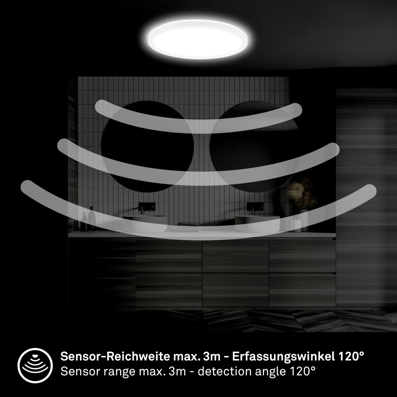 LED-Deckenleuchte mit Bewegungssensor, Ansicht von unten, installiert in einem modernen Badezimmer mit maximaler Sensorreichweite von 3 Metern und einem Erfassungswinkel von 120 Grad.