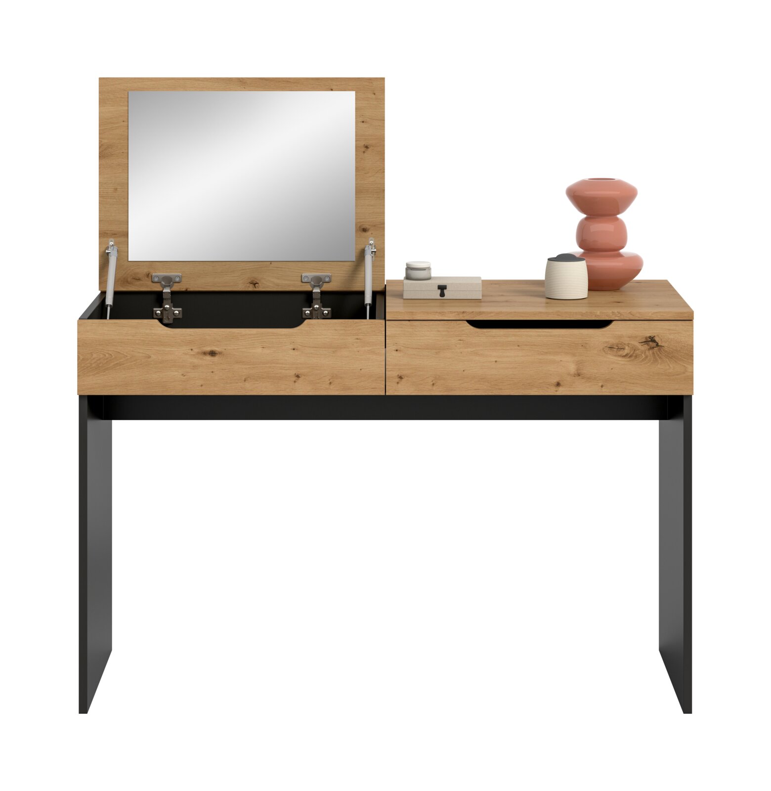 Frontansicht eines modernen Schminktischs aus hellem Holz mit schwarzem Metallgestell, links aufgeklappter Spiegel mit Stauraumfach und rechts Schublade, dekoriert mit Vase und Dose