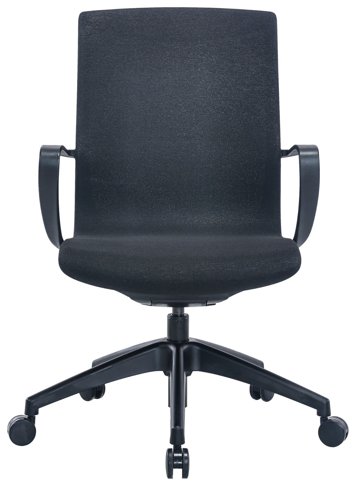 Schwarzer Drehstuhl mit Armlehnen, Vorderansicht