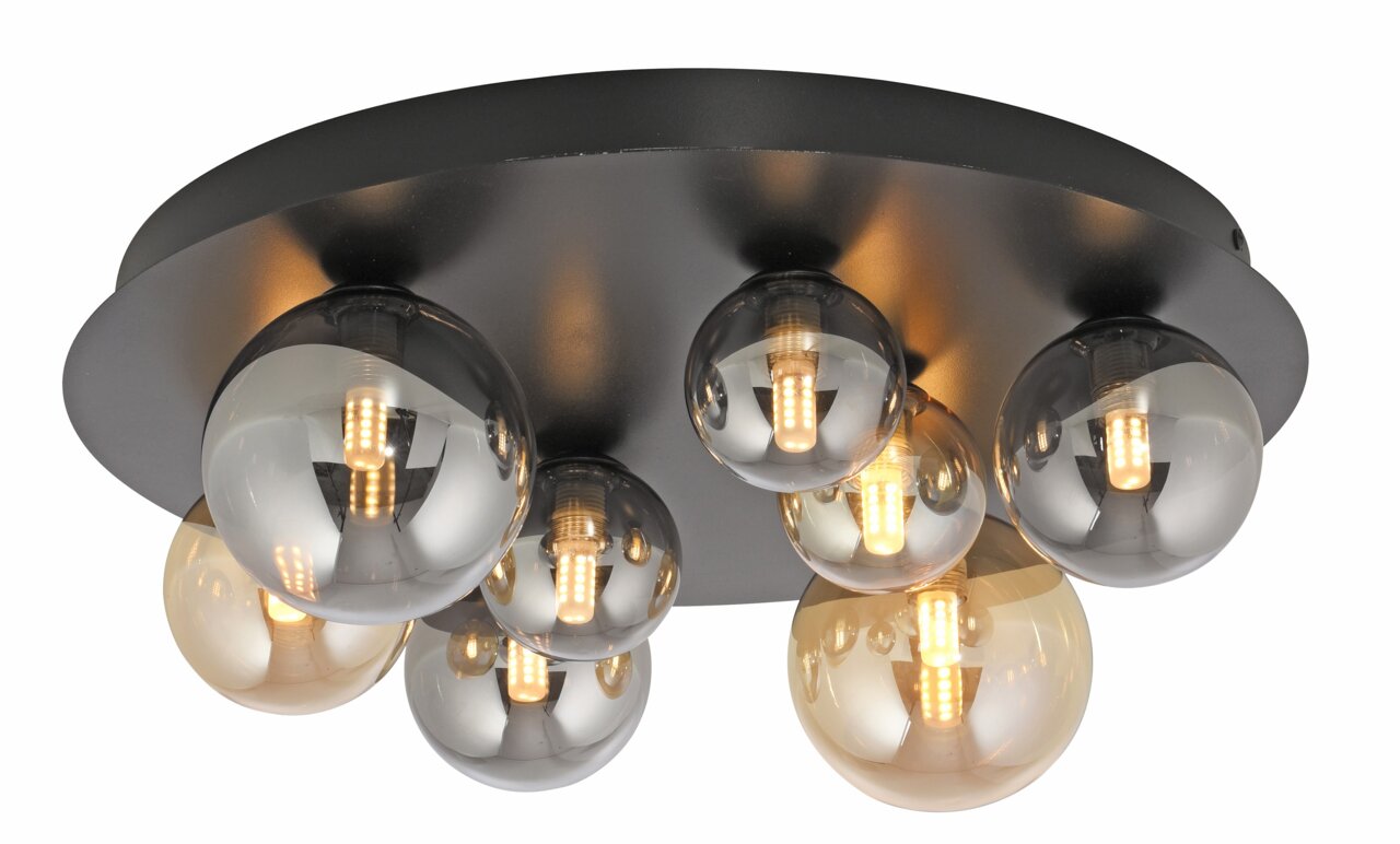 Moderne led-plafondlamp met meerdere bolvormige lampen, gezien van onderaf.