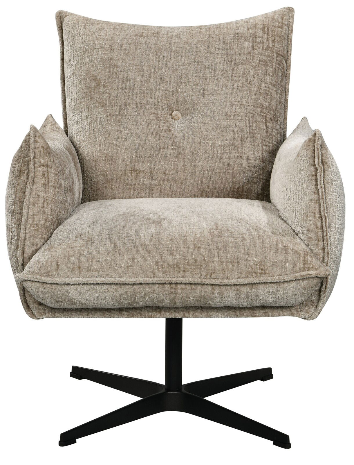 Frontansicht eines beigen Relaxsessels mit weichem Stoffbezug und schwarzem Drehfuß.