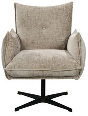 Frontansicht eines beigen Relaxsessels mit weichem Stoffbezug und schwarzem Drehfuß.