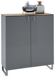 Moderner grauer Schuhschrank mit Holzplatte, dekoriert mit einer Vase und einer Schale, Frontalansicht