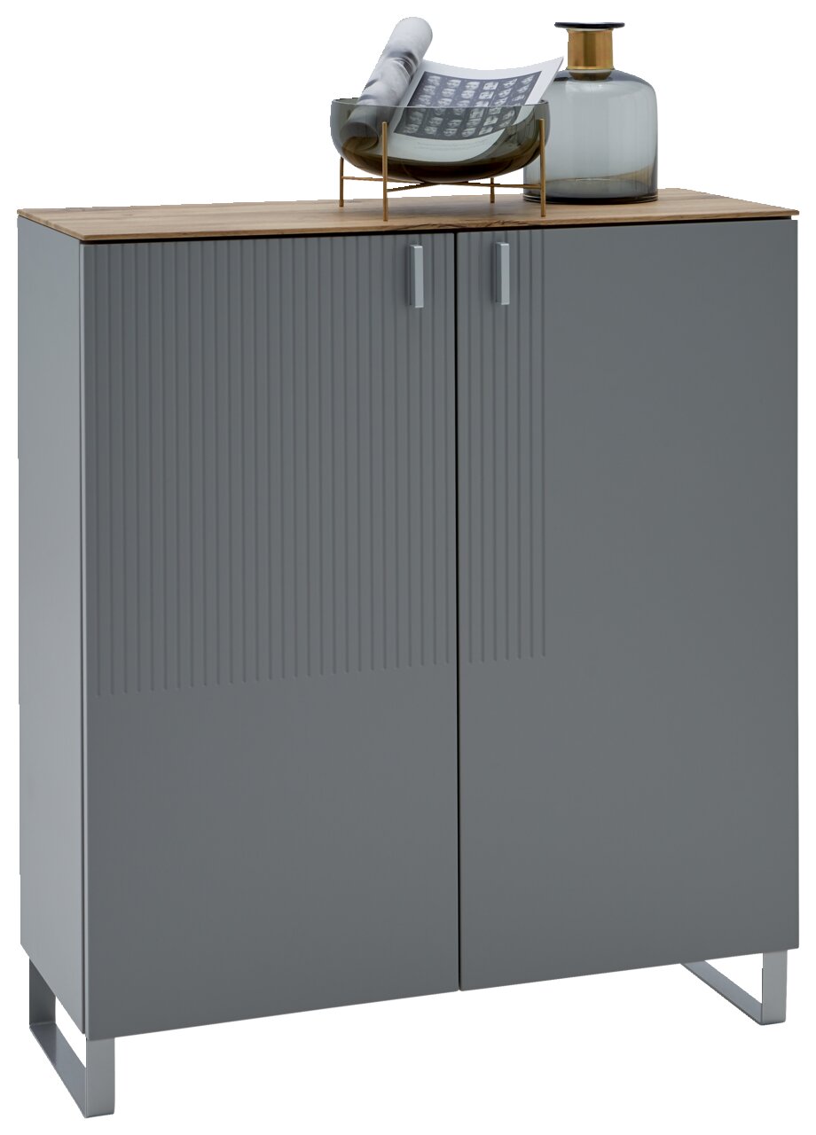 Dieter Knoll Schuhschrank CORTINA Moderner grauer Schuhschrank mit Holzplatte, dekoriert mit einer Vase und einer Schale, Frontalansicht