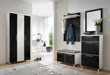 Modernes Garderoben-Set in Schwarz-Weiß mit Schrank, Sitzbank, Spiegel und Hakenleiste, seitliche Perspektive