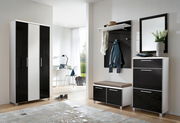 Modernes Garderoben-Set in Schwarz-Weiß mit Schrank, Sitzbank, Spiegel und Hakenleiste, seitliche Perspektive