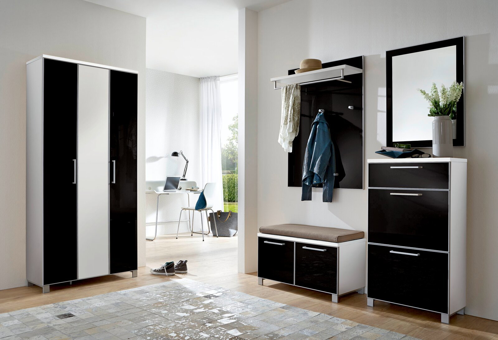 VOSS Garderoben-Set 5-tlg. SANTINA Modernes Garderoben-Set in Schwarz-Weiß mit Schrank, Sitzbank, Spiegel und Hakenleiste, seitliche Perspektive