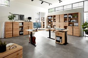 Moderne Büromöbel in einem hellen Raum mit großen Fenstern, bestehend aus einem höhenverstellbaren Schreibtisch, mehreren Aktenschränken und Regalen aus Holz. Perspektive: Frontalansicht.