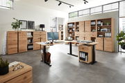 Moderne Büromöbel in einem hellen Raum mit großen Fenstern, bestehend aus einem höhenverstellbaren Schreibtisch, mehreren Aktenschränken und Regalen aus Holz. Perspektive: Frontalansicht.
