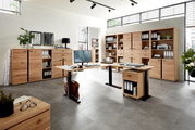 Moderne Büromöbel in einem hellen Raum mit großen Fenstern, bestehend aus einem höhenverstellbaren Schreibtisch, mehreren Aktenschränken und Regalen aus Holz. Perspektive: Frontalansicht.
