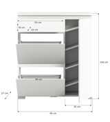 Weißer Schuhschrank mit mehreren Fächern und Klappen, frontal abgebildet mit geöffneten Türen und sichtbaren Maßen.