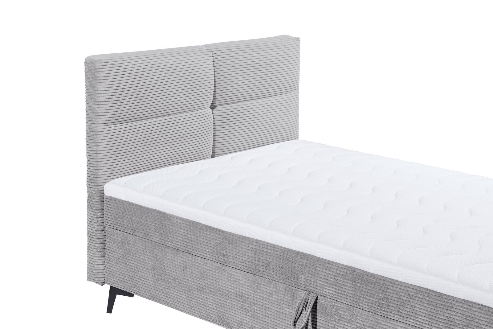 Graues Boxbett mit gestepptem Kopfteil und weißer Matratze, seitliche Perspektive