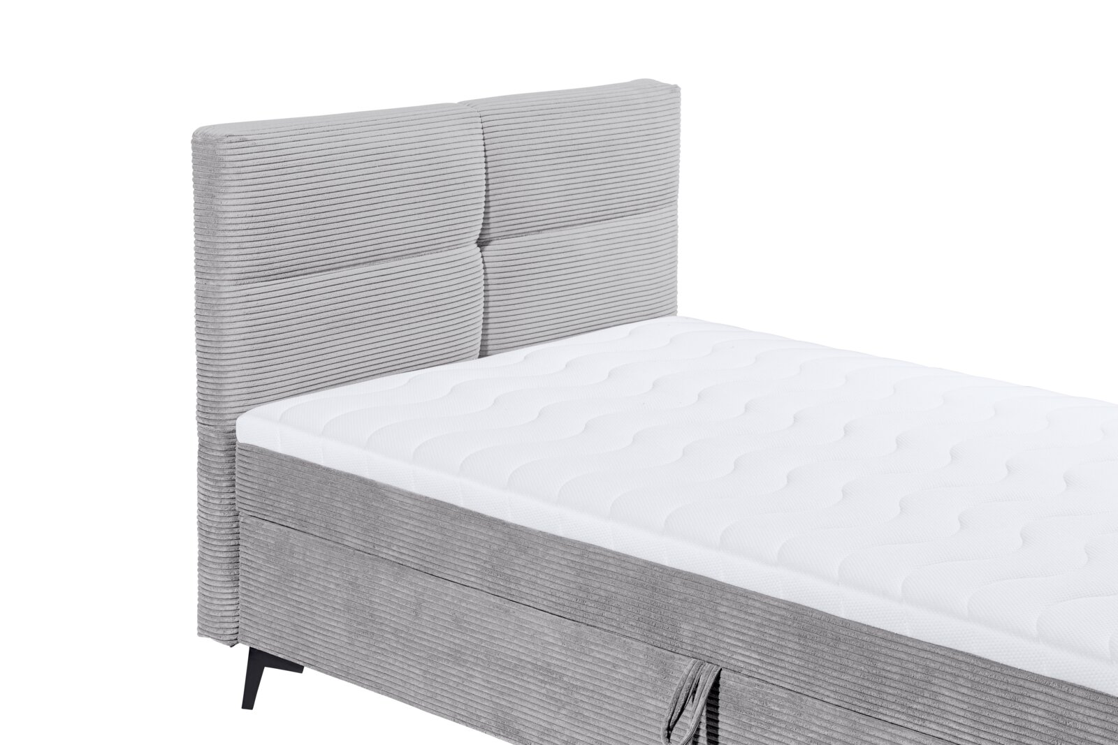Graues Boxbett mit gestepptem Kopfteil und weißer Matratze, seitliche Perspektive