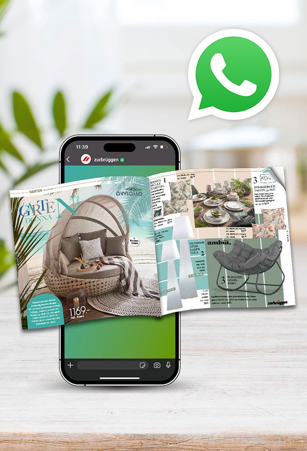 Handy mit einem geöffneten Prospekt und dem WhatsApp-Logo.