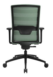 Rückansicht eines grünen Bürostuhls mit Netzrückenlehne und schwarzen Armlehnen.