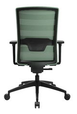 Rückansicht eines grünen Bürostuhls mit Netzrückenlehne und schwarzen Armlehnen.