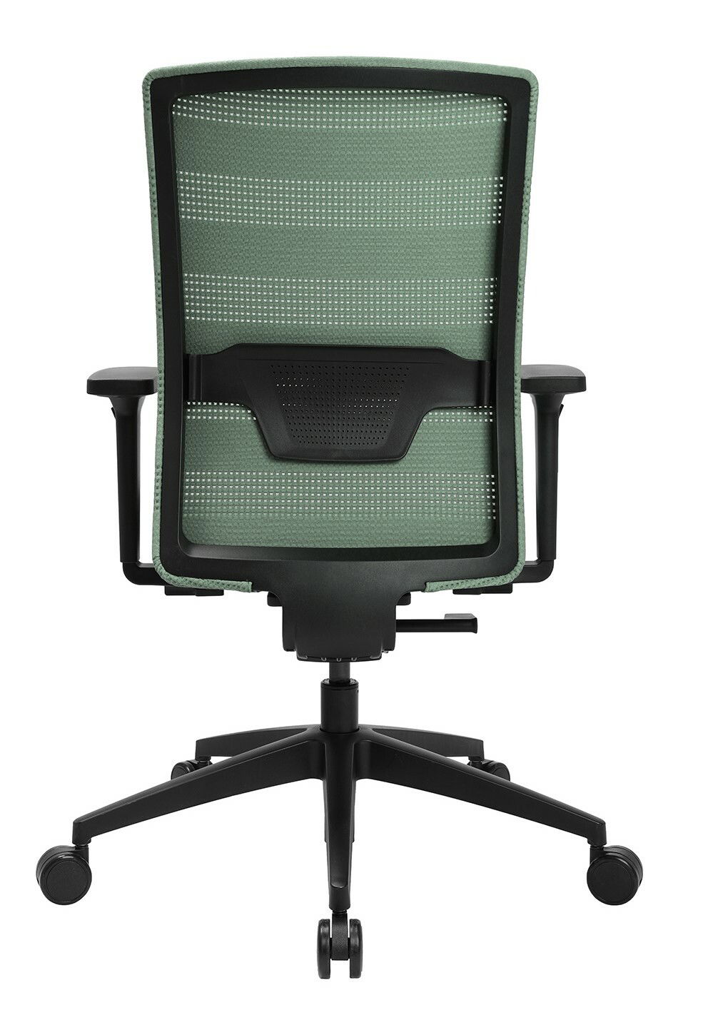 Rückansicht eines grünen Bürostuhls mit Netzrückenlehne und schwarzen Armlehnen.