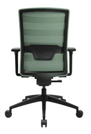 Rückansicht eines grünen Bürostuhls mit Netzrückenlehne und schwarzen Armlehnen.