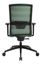 Rückansicht eines grünen Bürostuhls mit Netzrückenlehne und schwarzen Armlehnen.