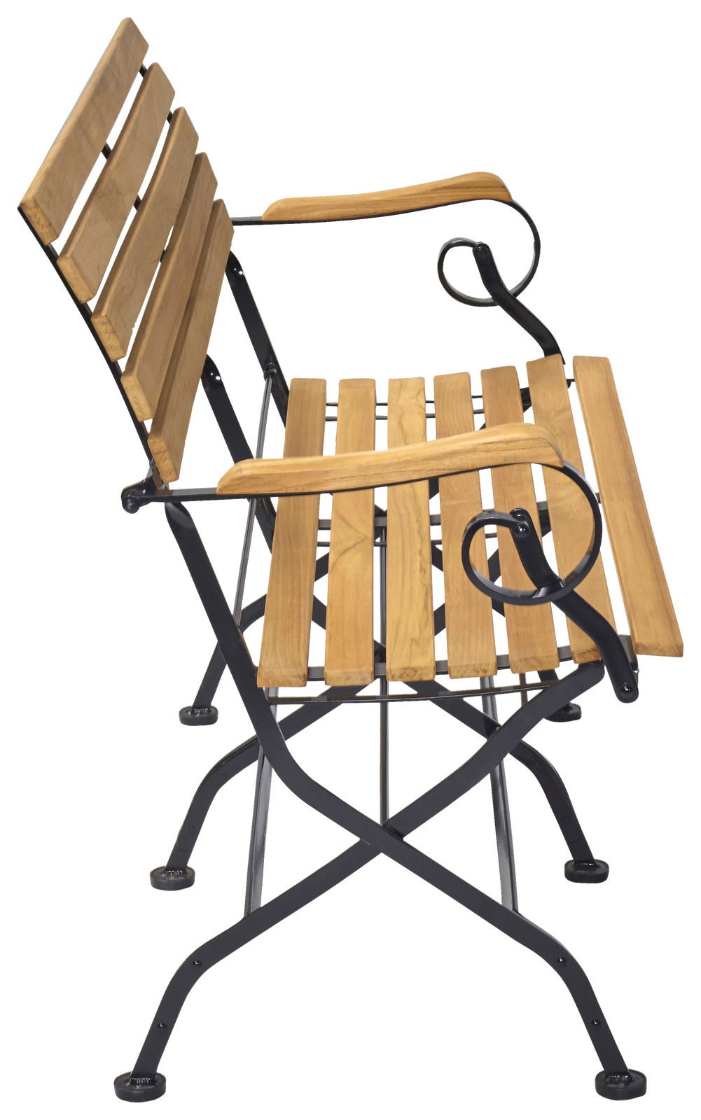 Seitenansicht einer klappbaren Gartenbank mit Holzlatten und Metallgestell.