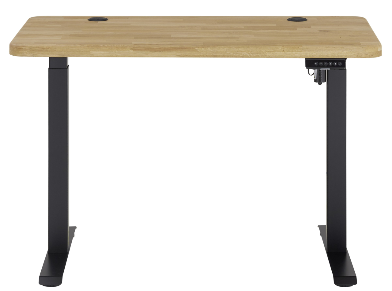 Elektrisch höhenverstellbarer Schreibtisch mit Holzplatte und schwarzem Gestell, Frontalansicht