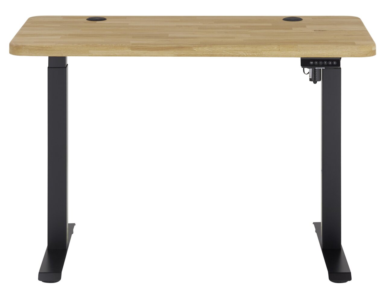 Elektrisch höhenverstellbarer Schreibtisch mit Holzplatte und schwarzem Gestell, Frontalansicht