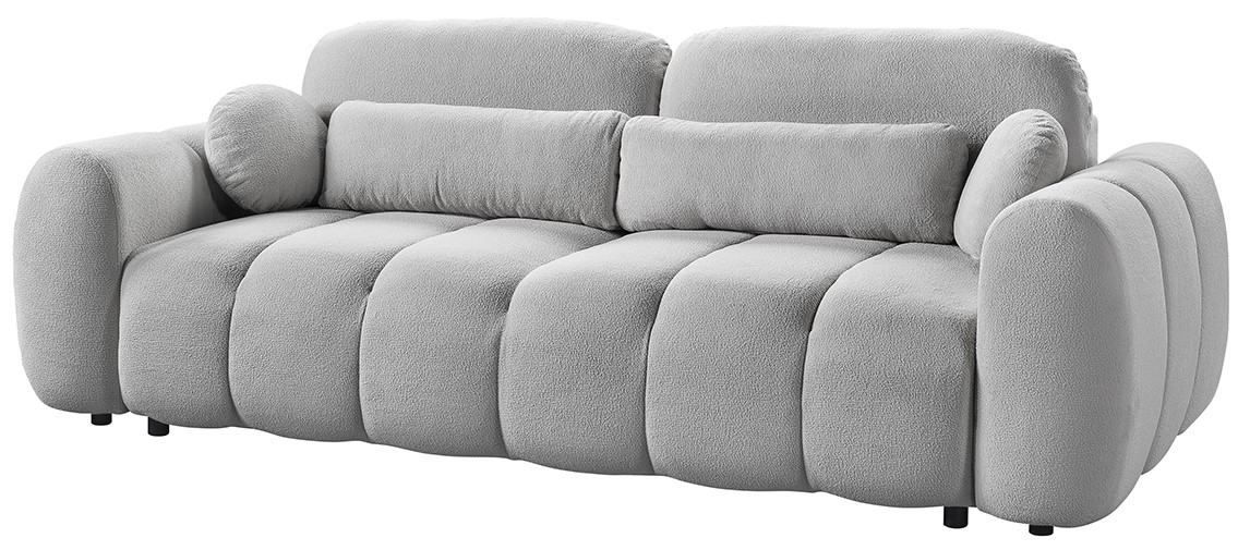 Graues Funktionssofa mit runden, gepolsterten Armlehnen und Rückenlehnen, seitliche Perspektive