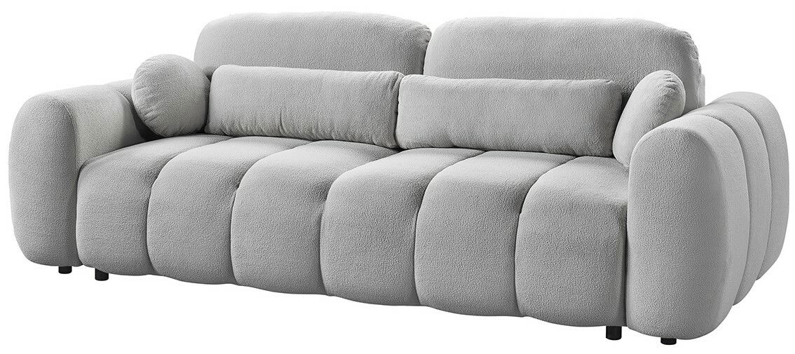Graues Funktionssofa mit runden, gepolsterten Armlehnen und Rückenlehnen, seitliche Perspektive