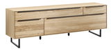 Großes TV-Lowboard aus hellem Holz mit schwarzen Metallbeinen, seitliche Perspektive