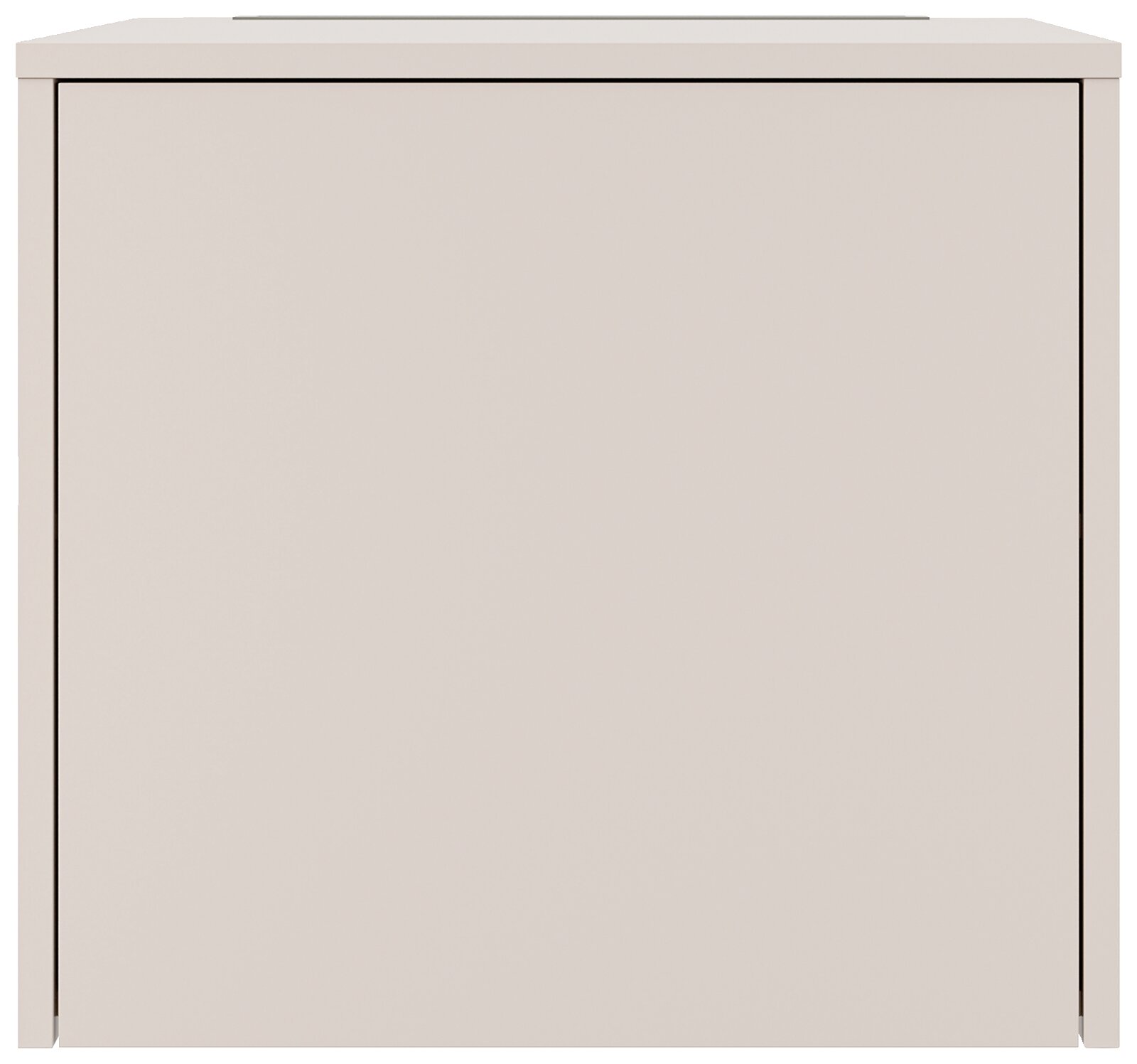 Weißer, minimalistischer Schrank mit glatter Front und Deckplatte, frontal von vorne fotografiert.