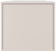 Weißer, minimalistischer Schrank mit glatter Front und Deckplatte, frontal von vorne fotografiert.