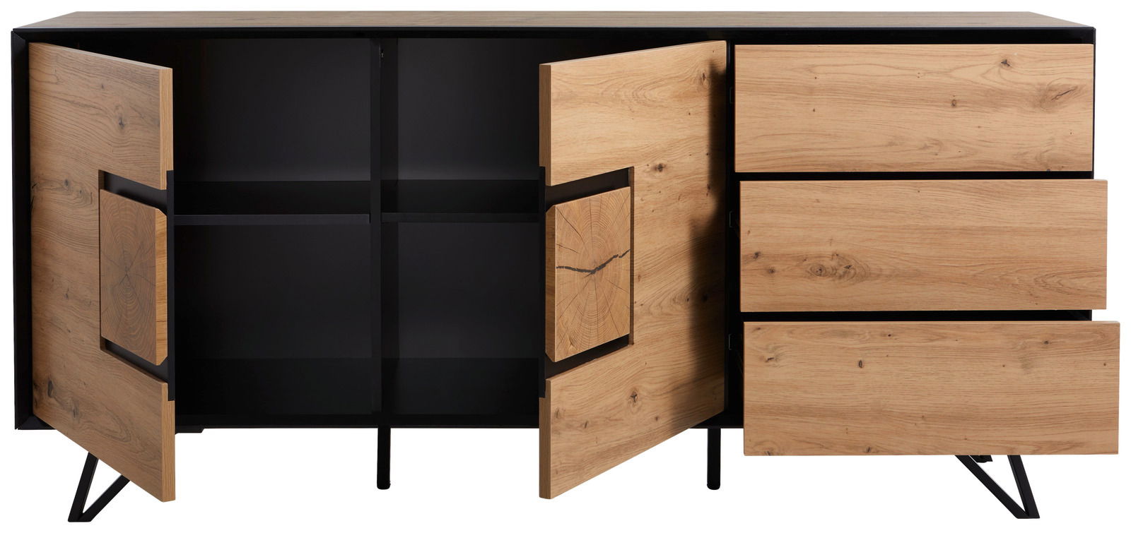 Modernes Sideboard aus Holz mit offenen Türen und Schubladen, Vorderansicht