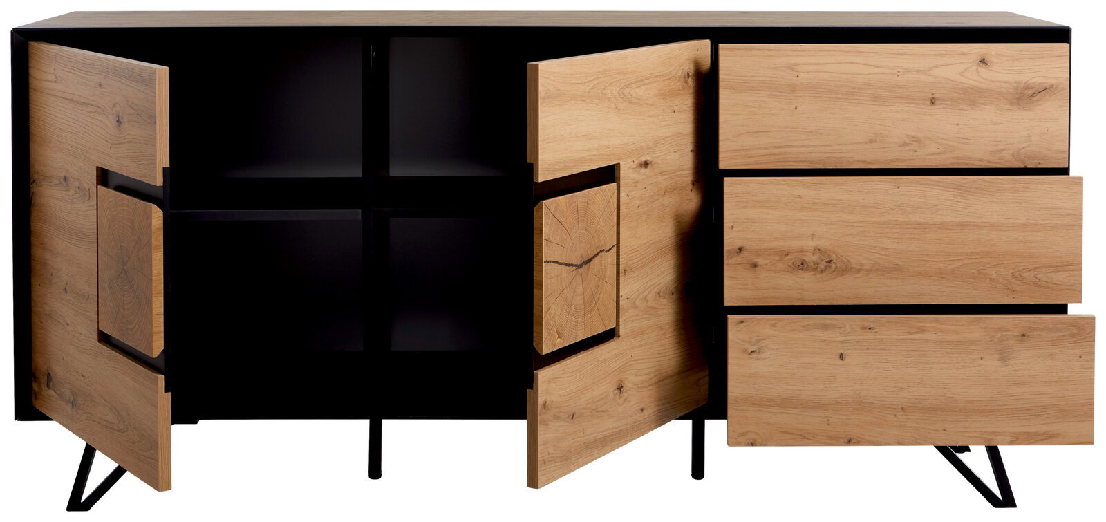 Modernes Sideboard aus Holz mit offenen Türen und Schubladen, Vorderansicht