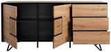 Modernes Sideboard aus Holz mit offenen Türen und Schubladen, Vorderansicht